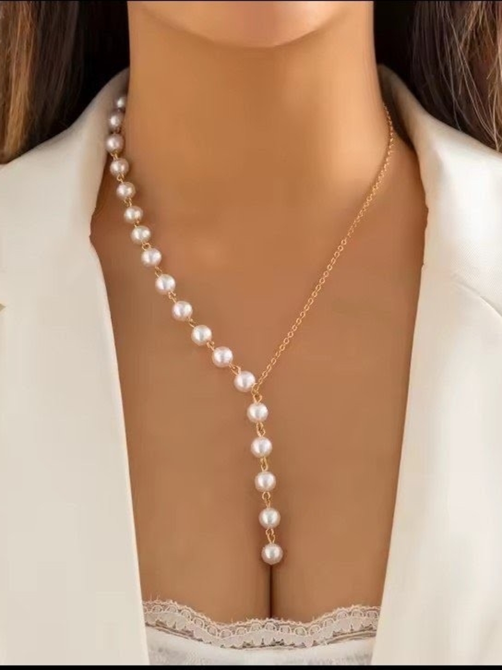 Gold Pearl Lariat Necklace - Elegant White Pearls